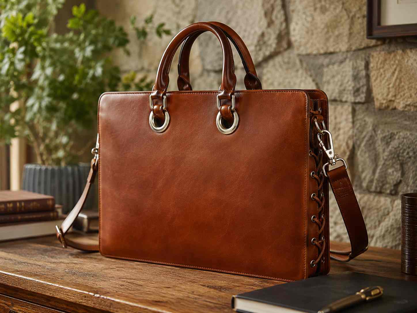 handbag hardware, The handbag hardware is visible around the handles and strap attachments of the brown leather bag.